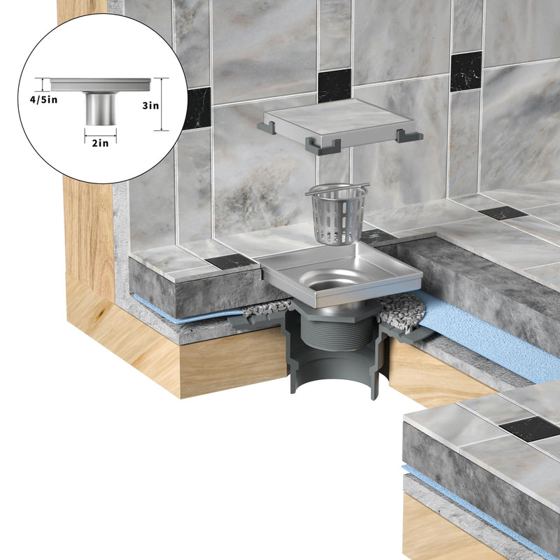 Square Shower Drain 4" with 2" PVC Flange Base, 304 Stainless Steel Tile in Floor Drain w/Tiled Insert Grate & Hair Catcher, CUPC Certified, Brushed (Brushed, 4'') 4''