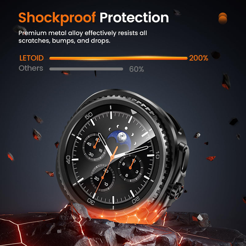 LETOID Metal Case for Samsung Galaxy Watch 8 Classic Screen Protector 46mm | 3-in-1 Full Protective Accessories, Stainless Steel Bumper Face, Hard PC Back Cover and 9H Tempered Glass Film Black Galaxy Watch 8 Classic - 46mm