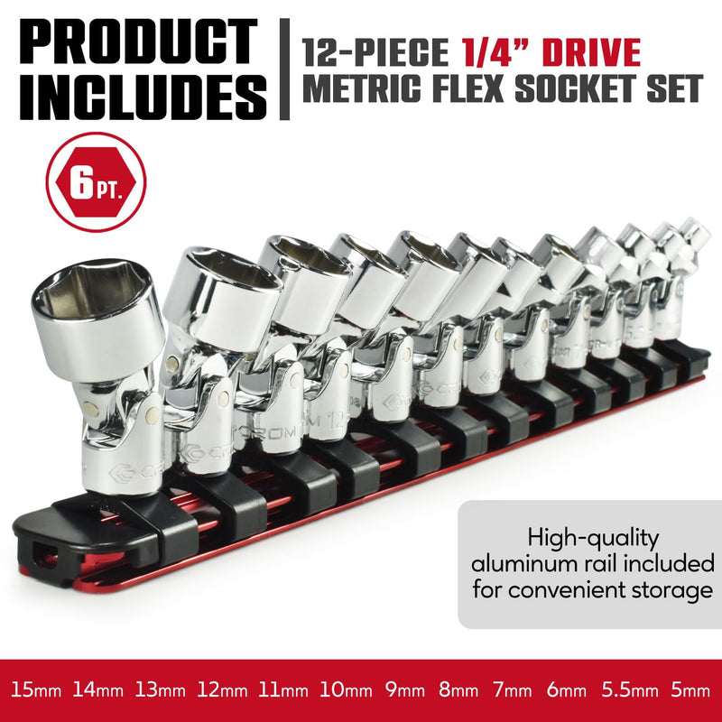 CROM Universal Flex Socket Set - 1/4 Inch Drive 6-Point 12-Piece Swivel Socket Set from 5mm to 15mm Metric - Swivel Joint for Easier Access to Tight Spaces - Aluminum Storage Rail Included 1/4" Dr. - 12PCS - Metric