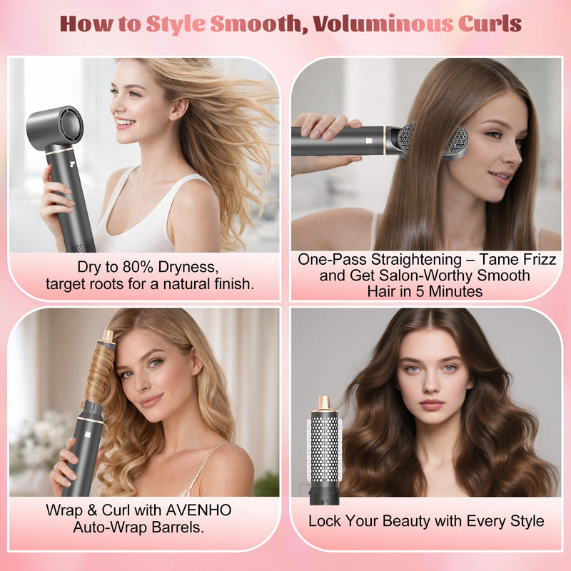 5 in 1 Hair Styler & Hot Air Brush - Air Curling Wrap with Low-Speed Negative Ion Technology, Hair Dryer Brush for Drying, Curling, Straightening & Styling, Hair Styling Tools at Home (Slate) Slate
