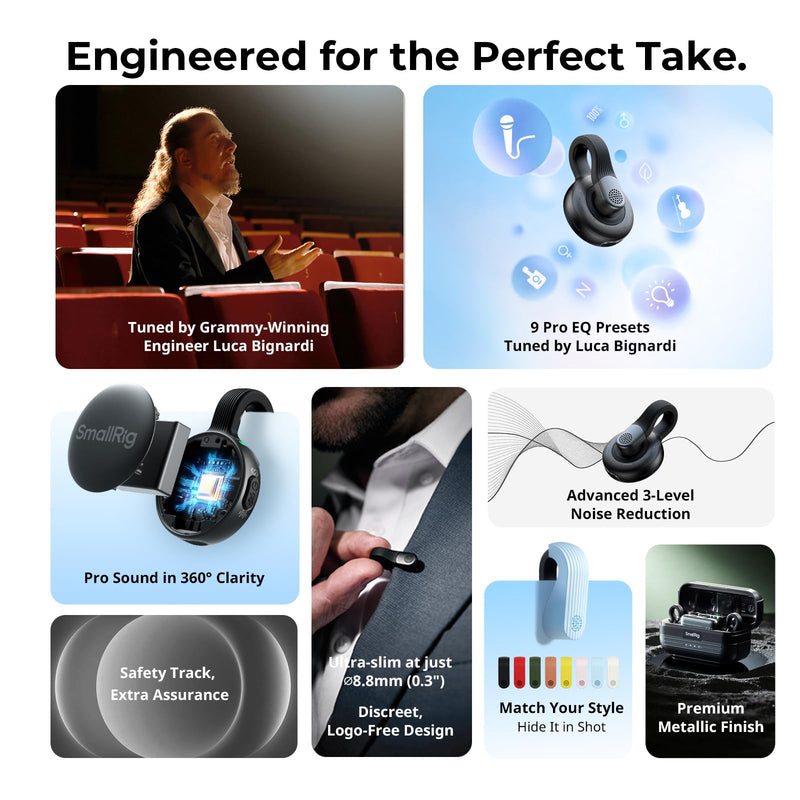 SMALLRIG Wireless Microphone S70 Mic Cover Kit (2 TX + 2 RX + Charging Case + 9 Mic Covers), Mini Lavalier Mic for Vlogging/Interview/Streaming, Includes 9 Color Silicone Covers