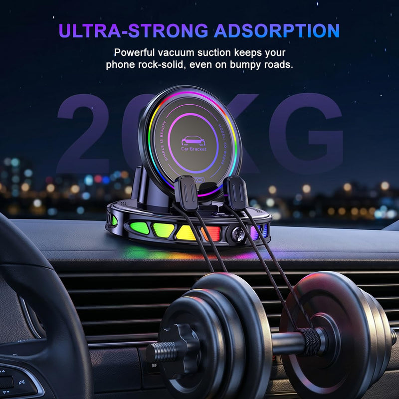 Wireless Car Charger Dashboard Phone Holder,15W Fast Charging One-Hand Operation Rotatable Bracket with RGB Light,Anti-Slip Navigation Mount with Strong Suction Cup, for Most Smart Phone