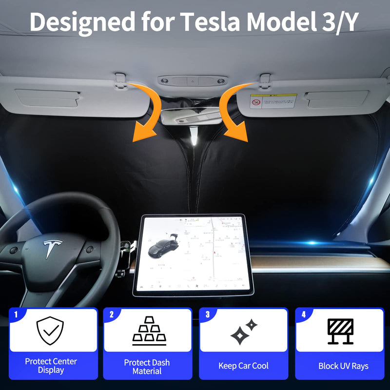 Upgraded Sunshade for Tesla Model 3/Y Windshield, Improved UV Protection Fabric, Metal Frame, Full-Size Foldable Front Sun Shade, Professional Accessories for Tesla Model 3/Y 2016 to 2025 For Tesla Model 3/Y (57''×35'')