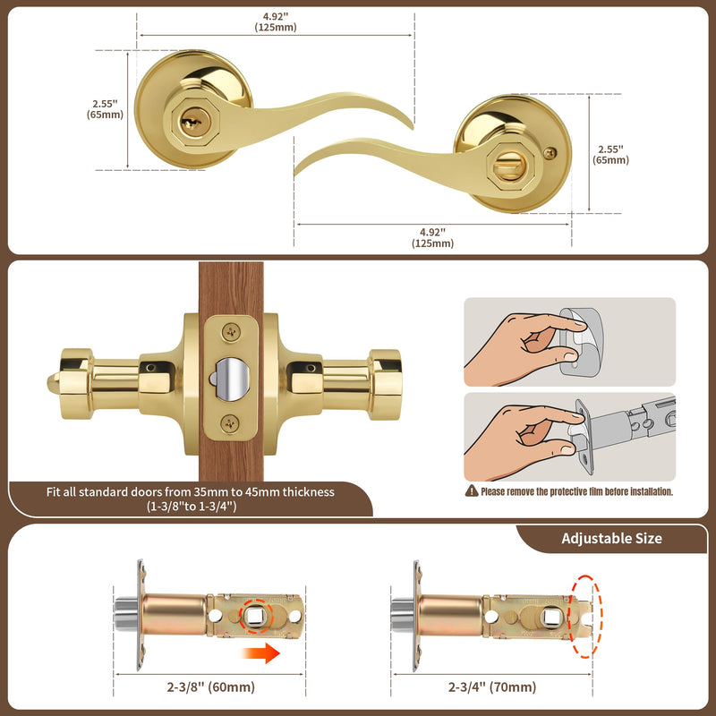 Moquin Wave Style Gold Door Handle with Lock and Key, Keyed Entry Brushed Gold Door Handles for Bedroom or Front Door, Polished Brass 1 Pack Keyed Entry-Lock & Key