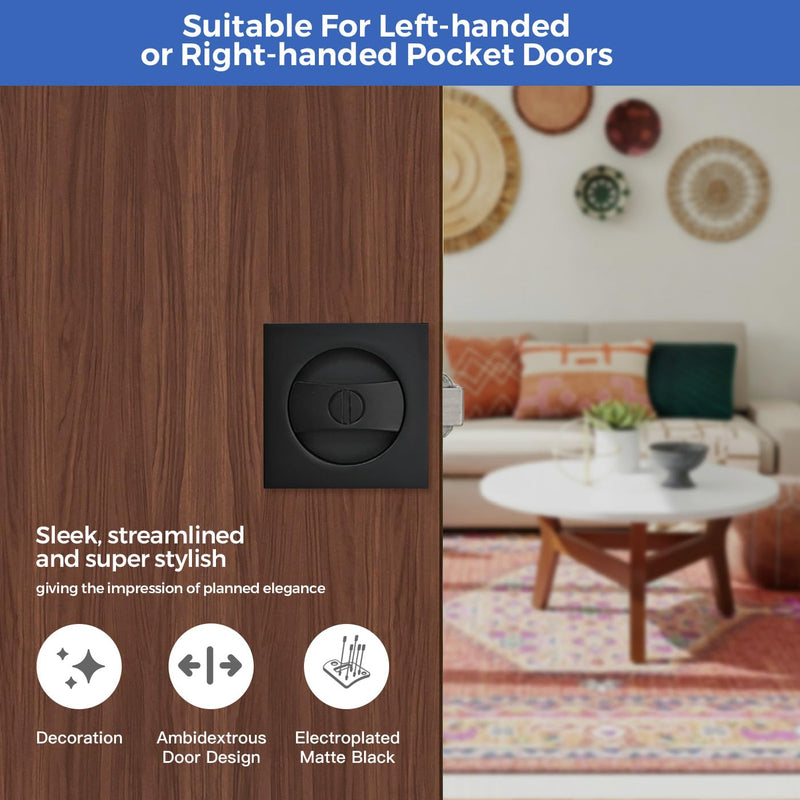 Matte Black Pocket Door Hardware with Privacy Lock & Latch - Contemporary Style for Square Pocket Doors(1 Pack, No Pull)