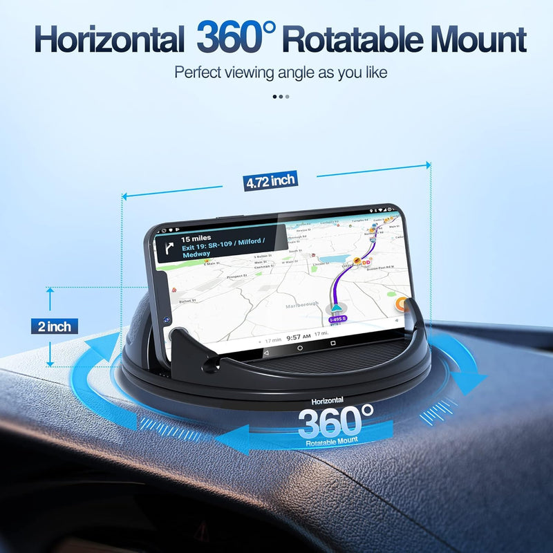 Loncaster 2 Pack Car Phone Holder Mount, [Horizontal 360° Rotatable] Silicone Phone Mount for Car Dashboard, Hands Free Cell Phone Holder Compatible with iPhone 16 15 14 13 12 Pro Max Black-2pack 360° Rotatable