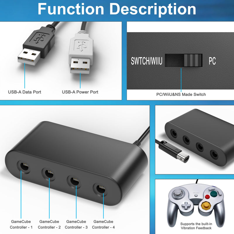 Gamecube Controller Adapter for Wii U, PC Windows, Nintendo Switch/OLED/Switch 2 Gamecube Converter, Support 4 Gamecube Controller to Play Supper Smash Bros with 3.3ft Long Cable