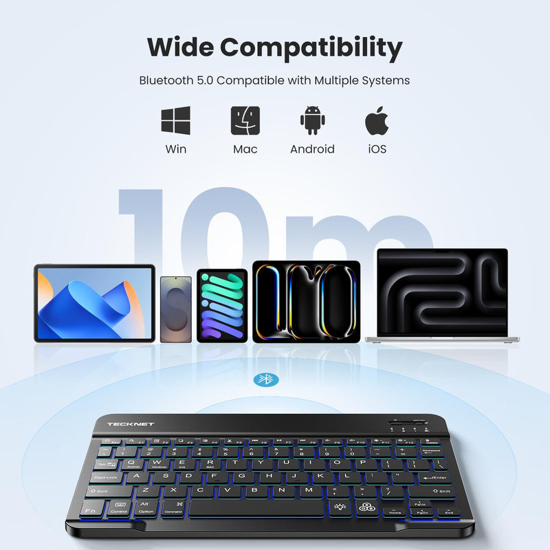 TECKNET Bluetooth Keyboard for iPad, Rechargeable Small Portable Keyboard | Wireless Keyboard with Backlit, Slim Quiet Keyboard for iPad A16 11th 10th Generation iPad Pro Air, Computer for iOS/Android Black