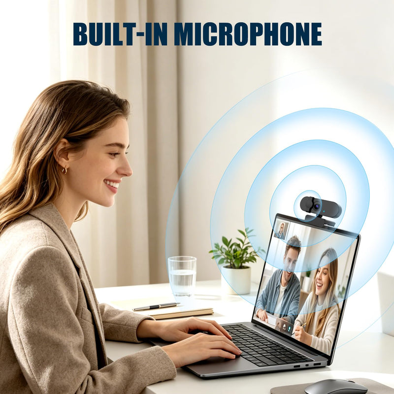 1080P 30FPS Webcam for PC, Auto Light Correction, Fixed Focus | Built-in Mic, Privacy Cover, 90° Wide-Angle Lens, A-to-C Adapter, Plug&Play for Zoom, Microsoft Teams, Video Conferencing