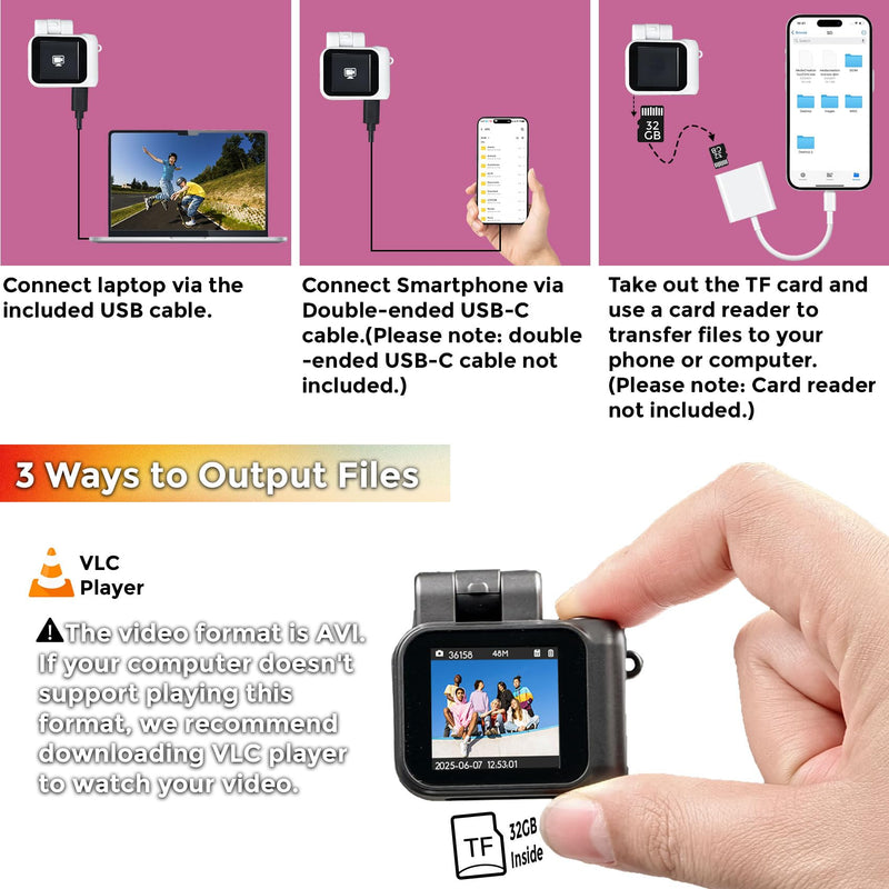 Small Digital Camera Keychain with Flash Light 1080p Tiny Camera Mini Retro Micro 1.4 in LCD Screen 32GB Card Charging Base Compact Portable Recorder for Travel Study Recording (Black) Black