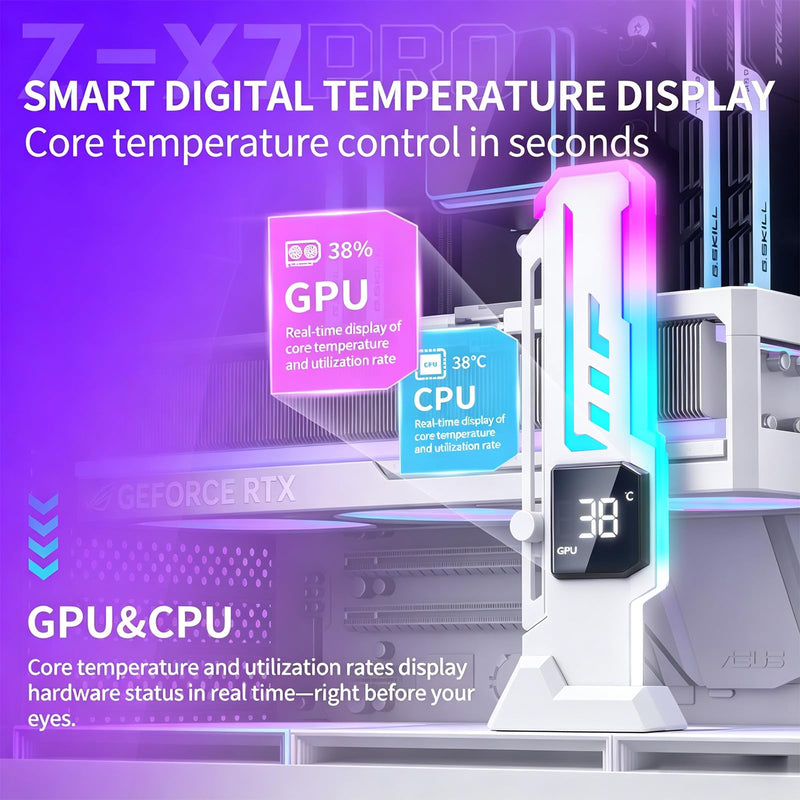 ARGB GPU Support Bracket with CPU & GPU Temp/Usage Display, Adjustable Height Anti Sag GPU Stand with Magnet & Non-Slip Base, Universal Graphics Card Support, RGB GPU Brace / Video Card Holder