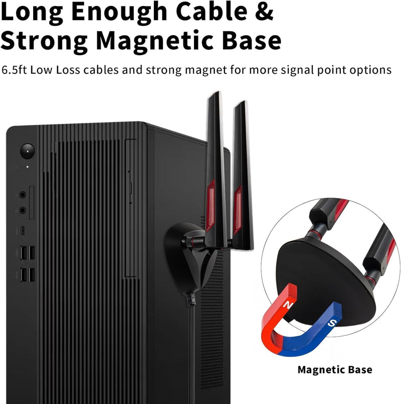 9dBi WiFi 7 Tri-Band Magnetic Base Gaming Antenna with New Connector for ASUS ROG Strix X870E-E X870-A X870-Plus B650-Plus ASUS Prime TUF Gaming and More PC Desktop Computer Gaming Motherboard