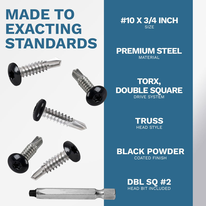 250-Pack #10 x 3/4 Black RV & Trailer Self Tapping Sheet Metal Screws | Enclosed Cargo Trailer Skin Fasteners | Dbl Square Bit Included