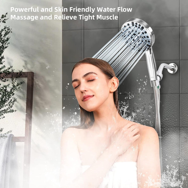 BESAQUO Shower Head, 9 Settings High Pressure shower head with handheld, Built-in Pause Mode & Power Wash, Non-Clogging Nozzles, 6ft Hose,Bracket(Premium Chrome, 14591)
