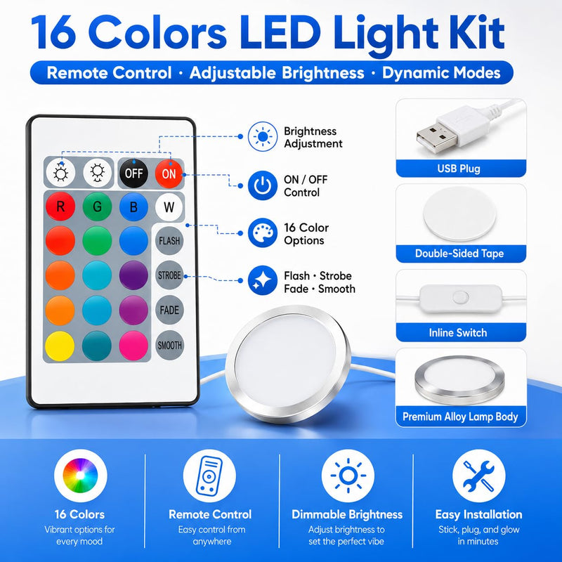 Remote Control RGB LED Lamp Kit for Bambu Lab 3D Printer Accessories-3D Printer DIY Multicolor Light Includes Button Battery Makerworld Hardware Model Spare Parts 5V USB Powered (10pcs) 10