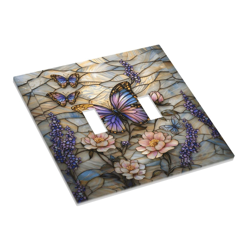 Stained Glass Butterfly Pattern Double Toggle Wall Plate Switch Decorative Panel Electrical Socket Plate Suitable For Bathroom Kitchen Living Room Bedroom Stained Glass Butterfly