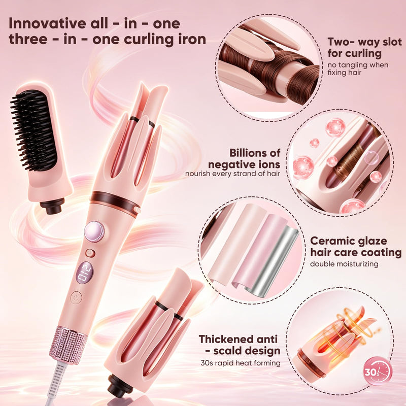 3-in-1 Negative Ions Automatic Curling Wand, Rotating Hair Curler with Straightener Brush, Ceramic Coating Anti-Scald Auto Shut-Off, Four Temperature for Hair Styling, 28mm & 32mm Barrels, 150°C-210°C