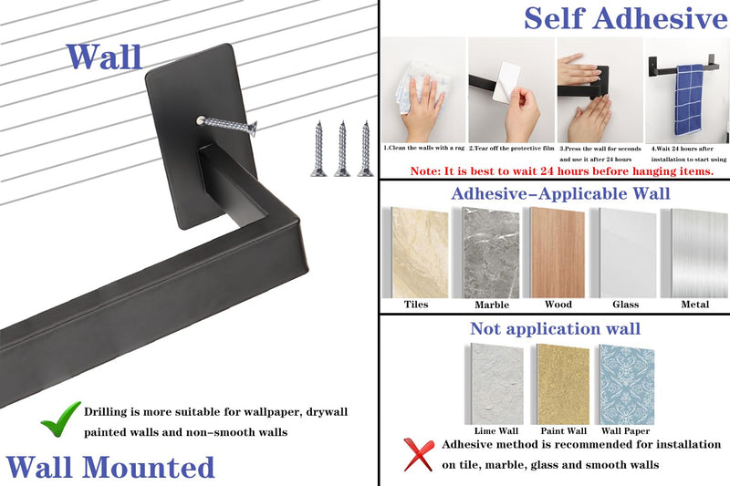 5 Pieces Self Adhesive Bathroom Hardware Set-SUS304 Stainless Steel-Towel Rack Set Include 16″Towel Bar+Toilet Paper Holder+3 Towel/Robe Hooks Bathroom Accessory (Matte Black, 16 in) Matte Black