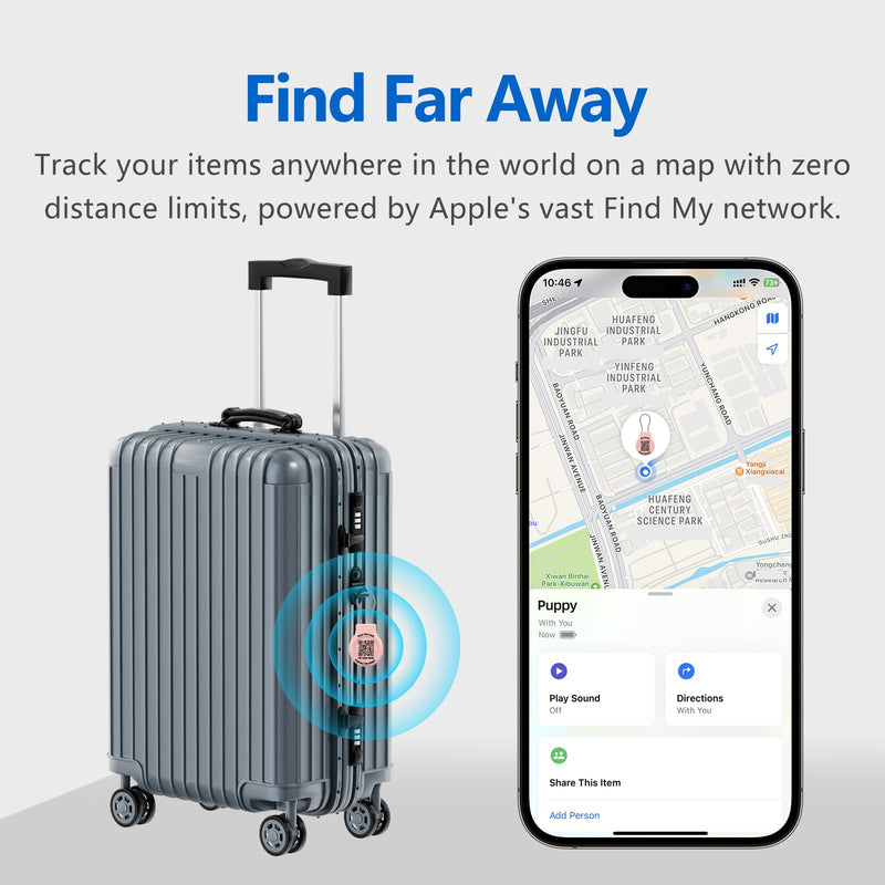 Pro 2-in-1 Waterproof Luggage Tracker & QR Code [iOS Only], 1-Pk | Works with Apple Find My | Lost-and-Found QR Code | Anti-Theft & Anti-Collision | Flight-Safe Replaceable Coin Cell Battery Pink iOS Only