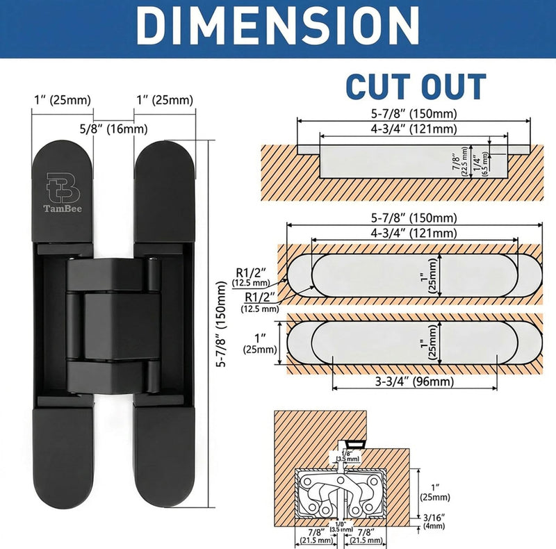 TamBee Hidden Hinges Concealed Door Hinge - Black, Zinc Alloy, Invisible, 3 Way Adjustable for Hidden Door, Bookcase Door and Secret Doors 6 Inch (1 Hinge) 6inch 1pc