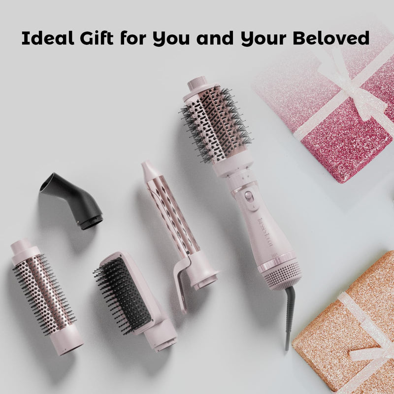 Hair Dryer Brush, 5-in-1 Blow Dry Hair Brush, Multi Hot Air Styler for Drying and Styling Volumizing Curling Sleeking in One Step, Ceramic Coating, Less Frizz, 3 Temperatures, Pink