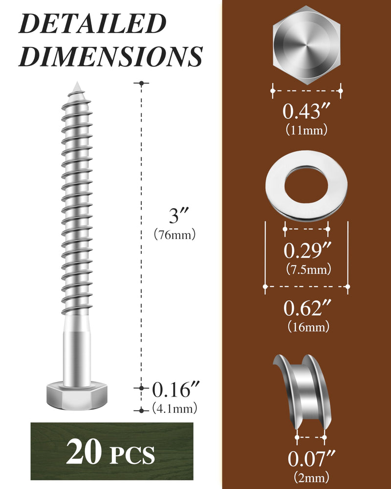 (1Box) 1/4" x 3" Hex Head Lag Screws Bolts with Flat Washers, 20Sets 304 Stainless Steel 18-8 Heavy Duty 1/4 Lag Bolts for Wood with Hex Socket 1/4" x 3" 1-Box