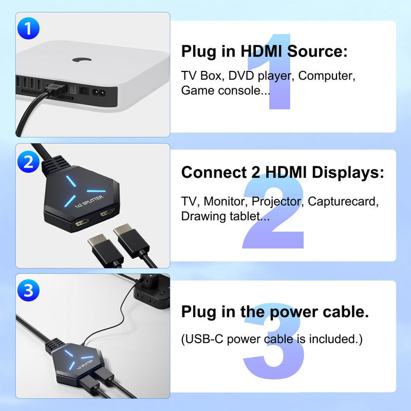 HDMI Splitter 1 in 2 Out Duplicate/Mirror (Not Extend), 4K@30hz HDMI Splitter for Dual Monitors for Full HD, 1080P, 3D, Compatible with Xbox, PS4, PS5, TV, Projector, Computer