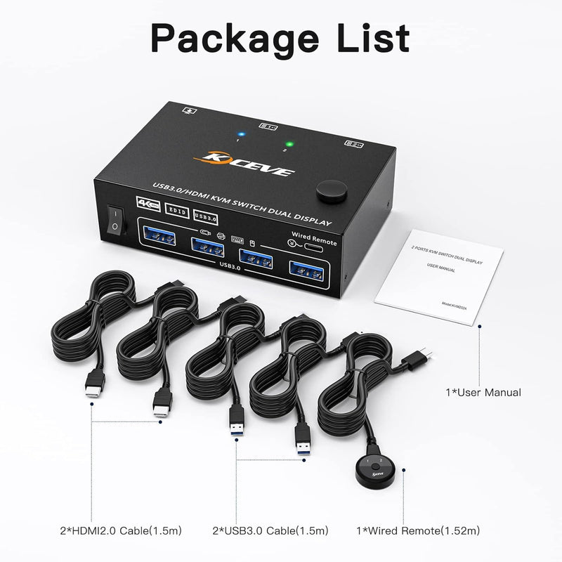 8 Port HDMI KVM Switch 4K@30Hz, 8 in 1 Out USB 2.0 KVM Switches for 8 Computers Share 1 Monitor and 4 USB Devices, 8 Port KVM Switch with Wired Remote and 8 USB Cables HDMI KVM Switch 2 Monitors