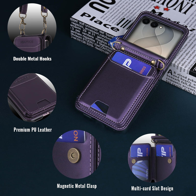 for Samsung Galaxy Z Flip 8 PU Leather Wallet Phone Case with Card Slots (Holds 5 Cards), Anti-Drop Protection, Wrist & Shoulder Strap Purple Galaxy Z Flip 8 5G