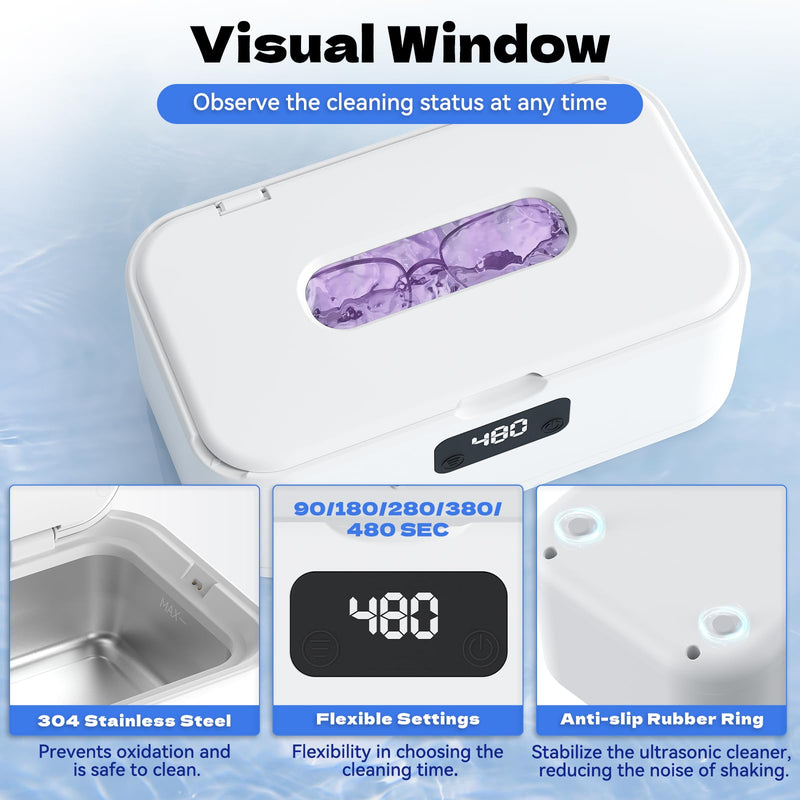 Ultrasonic Jewelry Cleaner, 50Khz Jewelry Cleaner Ultrasonic Machine for Jewelry, Eyeglasses, Rings, Watch Strap, Dentures, 24oz - 304 Stainless Steel Tank, Digital Timer, 5 Cleaning Modes White
