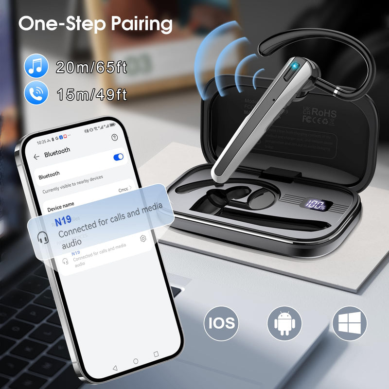 Bluetooth Headset V5.3, Wireless Headset with ENC Noise Canceling Mic | 120Hrs Talk Single-Ear Bluetooth Earpiece, LED Display, IP7 Waterproof Hand-Free Earphone for Business/Trucker/Driver Mysterious Black