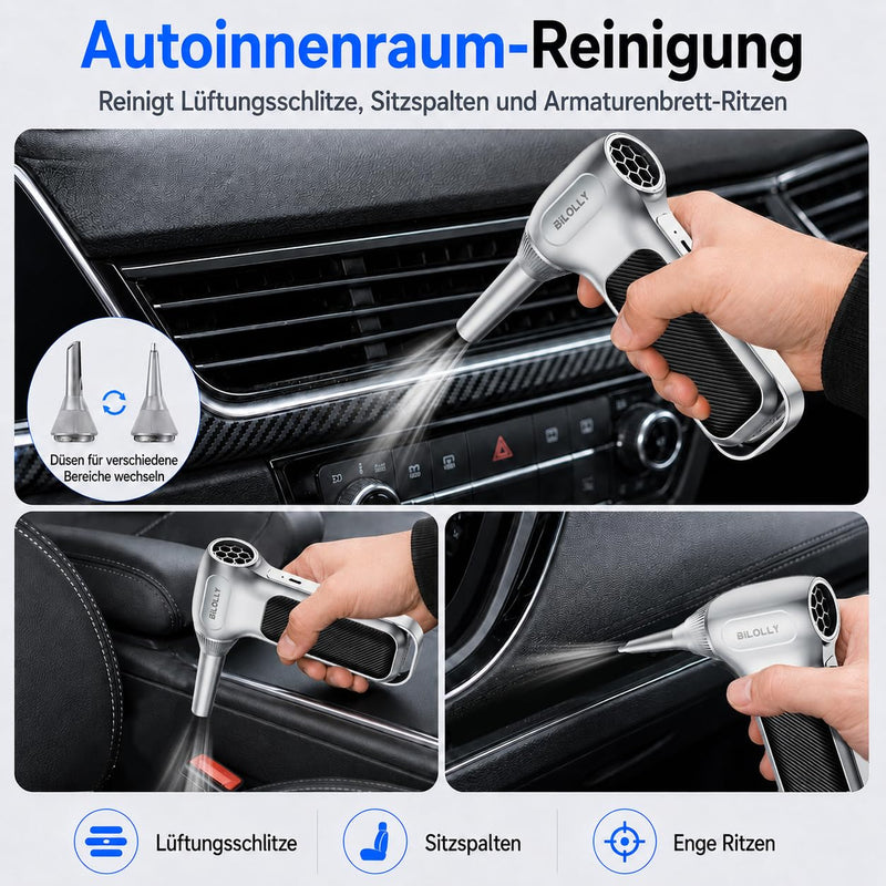 BiLOLLY Compressed Air Duster, 130000RPM Electric Air Duster, Cordless Rechargeable Air Blower, Turbo Fan Mini Blower, Violent Fan with 5 Nozzles for Keyboard, Computer, Laptop, Car & Home