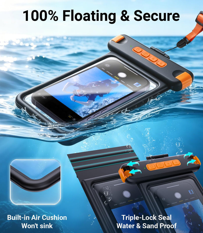 IP68 Bluetooth Shutter Waterproof Phone Pouch Case,Floating,Black | Hands-Free Photo & Video Underwater Control.Large Waterproof Phone Case Universal Fit for 8.5" Phone(iPhone Samsung Google) Black