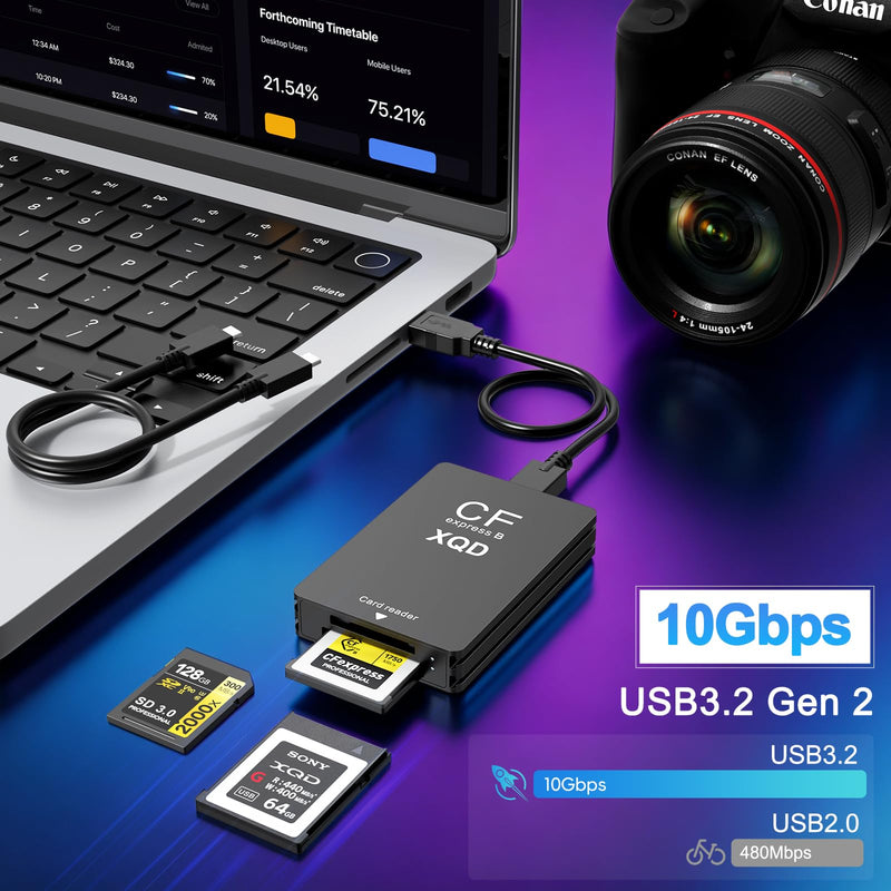 3 in 1 CFexpress Type B & XQD & SD Card Reader 10Gbps USB3.1 Gen2, Aluminum Typ B CFexpress Adapter Camera External Memory Card Reader Support Windows/Mac OS/Linux/Android with USB-A/USB-C Cable,Black Black