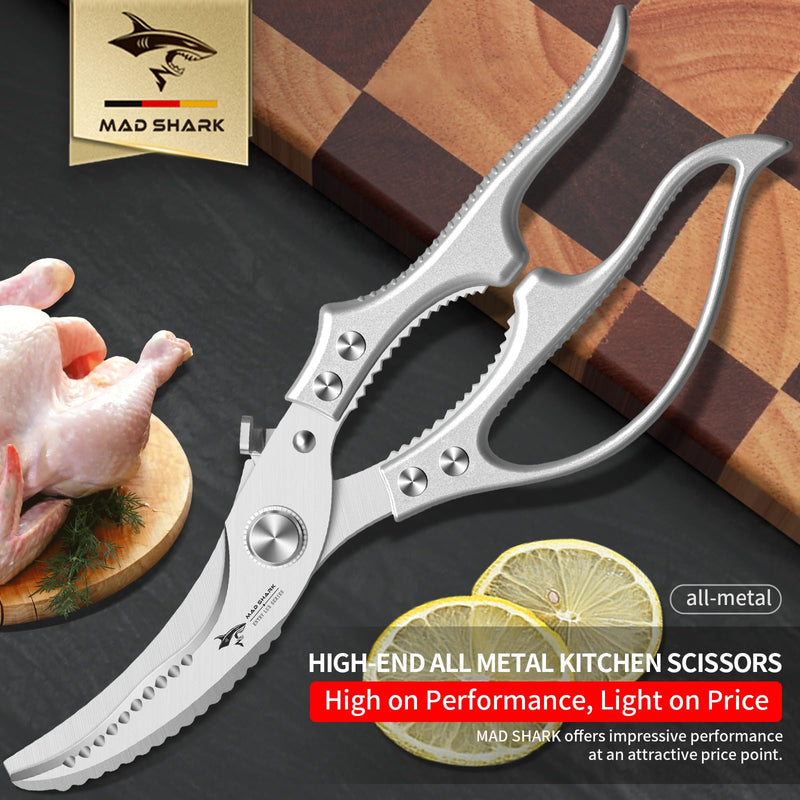 MAD SHARK Heavy Duty Poultry Shears, Kitchen Shears with Non-Slip Handle & Safety Lock, All Purpose Kitchen Scissors for Chicken, Meat Cutting, Turkey, Fish, Vegetables, Spring Loaded, Dishwasher Safe Silver