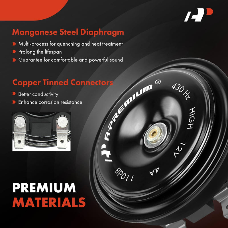 A-Premium - Disc Horn 2PCS High & Low Universal Electric Horns - 12V 110 dB - Compatible with Passenger Car, Commercial/Off-Road Vehicle, Motorcycles, ATVs, Scooter, Dirt/Pocket Bikes & More, 76 mm
