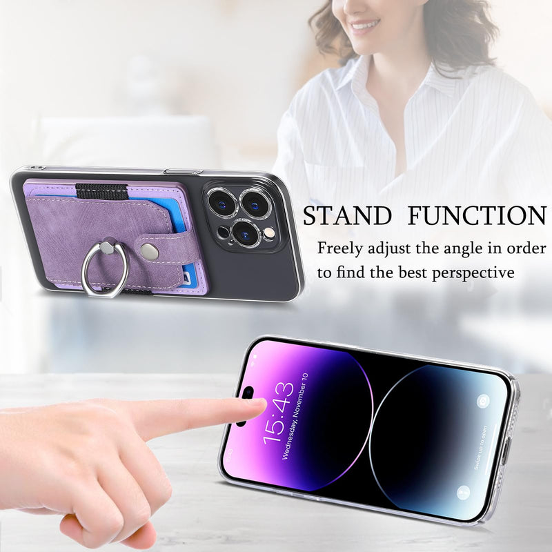Cell Phone Card Holder with Ring Grip,Adhesive Phone Card Wallet,Purple | Holds up to 3 cards;360° ring works as grip and kickstand,Can be used on most phones or phone cases larger than 5.8 inches. Purple