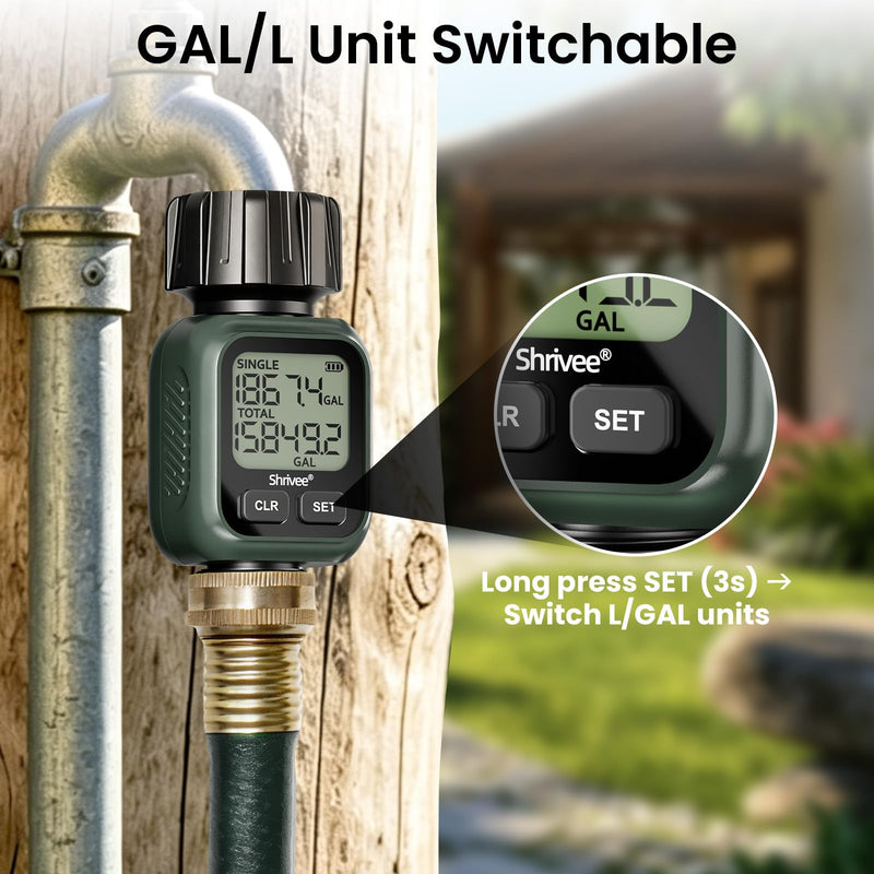 Water Flow Meter, ±5% Accuracy, Brass Inlet Metal Thread, 4 Measure Modes, Gallon/Liter Consumption & Flow Rate for Garden Hose, Lawn Sprinkler, RV Water Tank Filling, Nozzle Sprayer Built-in brass inlet