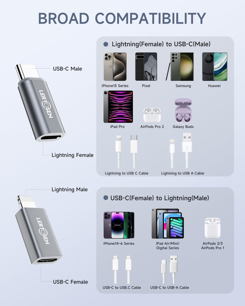 Lightning Female to USB-C Male Adapter & USB-C Female to Lightning Male Adapter (4 Pack) for iPhone Series and More Lightning & USB-C Devices,Support Charge & Data Sync,Not for Audio/OTG 4 Pack Grey