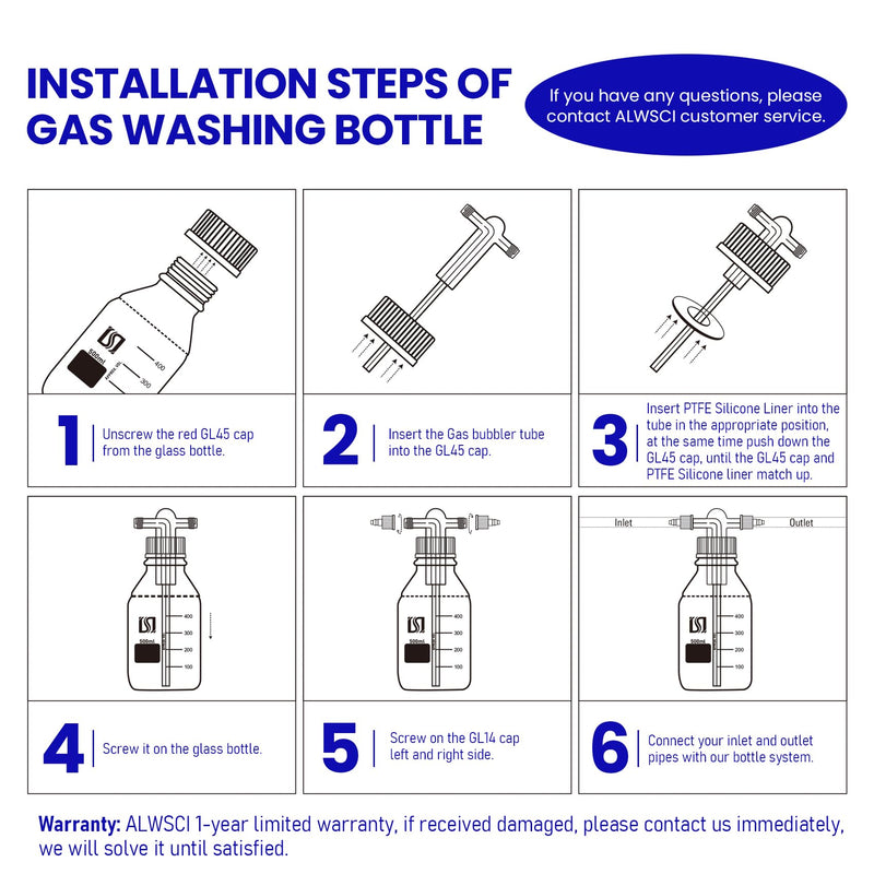 ALWSCI Lab Vacuum Gas Washing Bottle, 500mL Graduated Lab Buffer Bottle, Vacuum Wash Bottle Glass,Drechsel Head GL45 with Gas bubber tube Adjustable Immersion, 2 threads GL14 PBT Red Screw Cap, 1set 16.9 Ounces