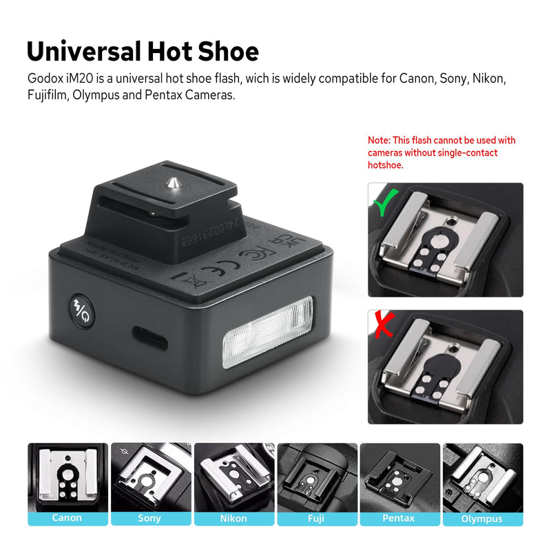 Godox iM20 Compact Mini Camera Flash Hot Shoe | 440 Full-Power, GN10, 5 Adjustable Power Levels, Hot-Shoe Mount, 3s Recycle Time, Compatible with Sony Canon Nikon Fuji