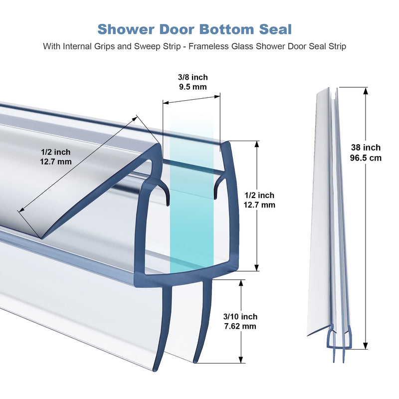 4 Pack Frameless Shower Door Bottom Seal, 3/8 x 39 Clear PVC Shower Seal Strip for 3/8 Inch Glass Shower Door Stop Shower Leaks 3/8” x 38”