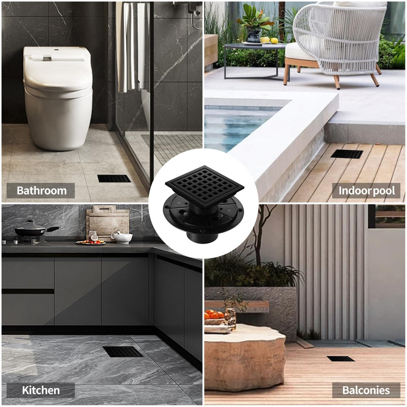 Shower Drain, Matte Black 4 inch Square Shower Floor Drain with Flange, Removeable Grid Panel SUS 304 Stainless Steel Square Shower Drain