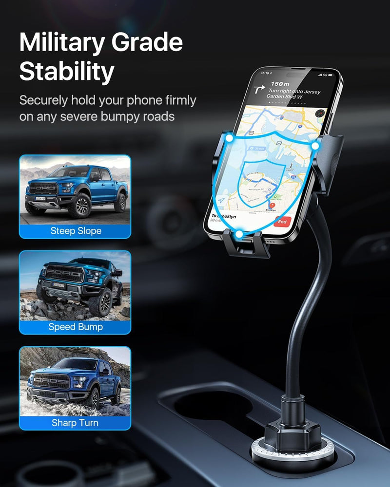 andobil Military-Grade Cup Holder Phone Holder, [Solidest Metal Gooseneck] Universal Cup Phone Holders for Your Car Truck Golf, 360° Adjustable Cup Holder Cell Phone Mount for iPhone Samsung Google Gooseneck-Black