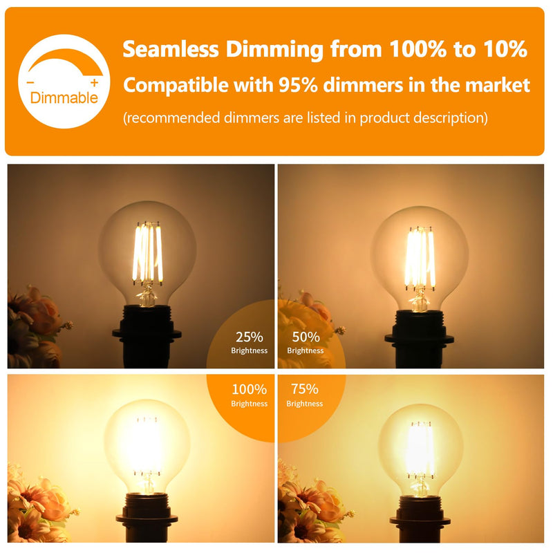 G25 LED Globe Light Bulbs, Dimmable Edison Filament Vanity Light Bulbs, 8W 100W Equivalent, 1200 Lumens Bright, 2700K Soft White, E26 Medium Base Clear Glass for Bathroom Vanity Mirror, 4 Pack Soft White 2700k