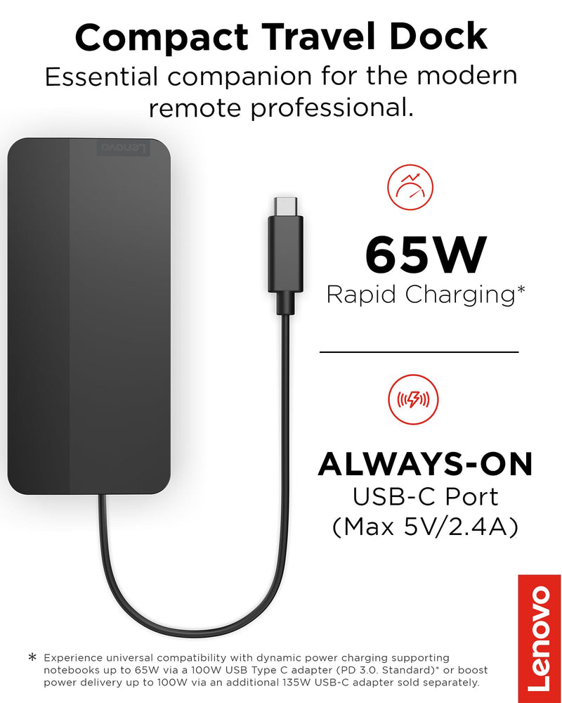 Lenovo USB-C Dual Display Travel Dock - 7 Ports, Integrated Cable, Universal Compatibility, Two displays at 4K - Black USB Dock