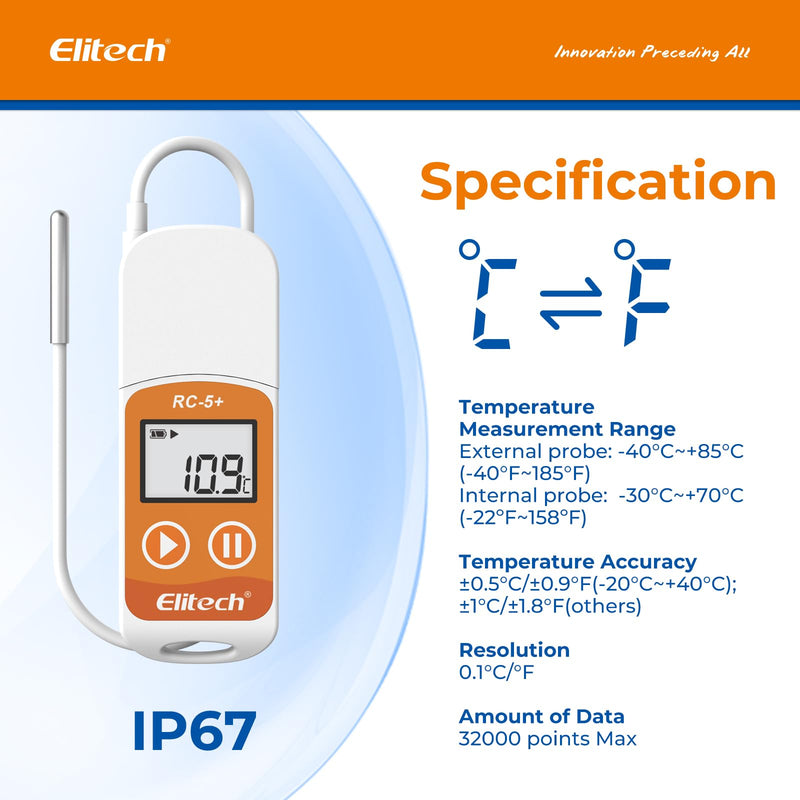 Elitech RC-5+ TE Digital PDF USB Temperature Data Logger Reusable Recorder Refrigerator Thermometer 32000 Points High Accuracy (Extra External Sensor) 1