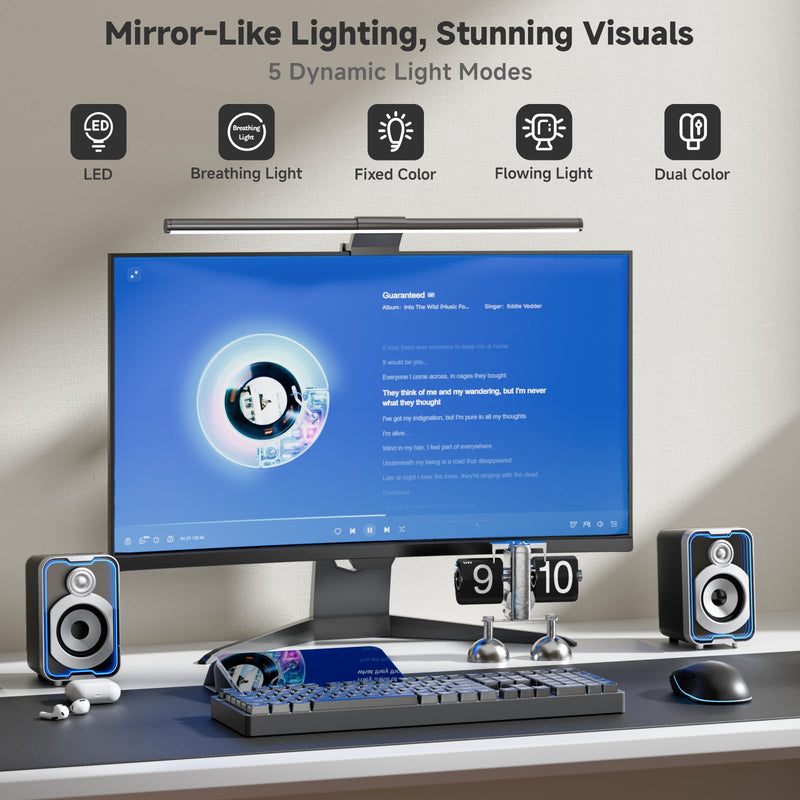 SOULION 2.0 Computer Speakers, 10W USB-Powered Bluetooth Wired PC Speakers with Easy-Control Pod for Desktop, Tiny Desk Soundbar with 5 Mirror-Like LED Light Modes for Monitor Laptop - Black Modern