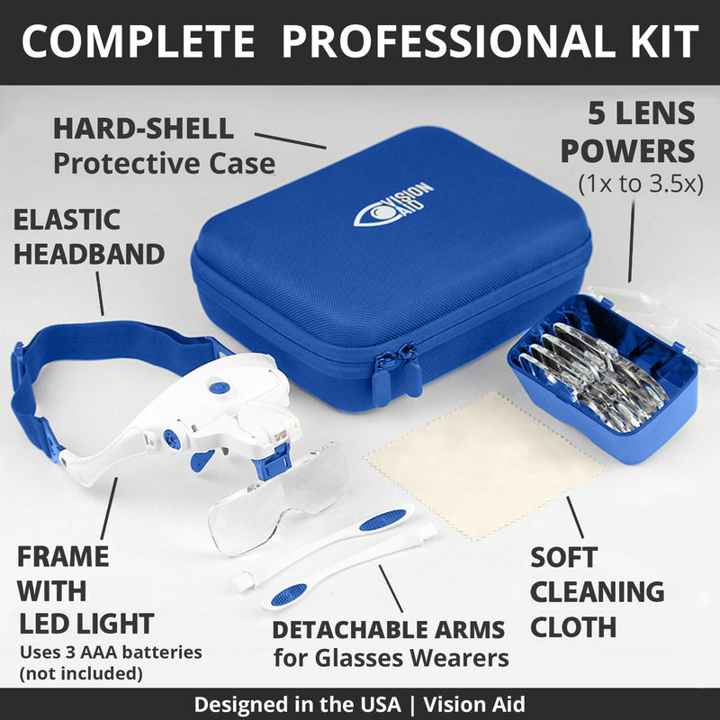 Vision Aid Magnifying Glasses with LED Light 5 Lenses Headband Case Hands Free Illuminated Optivisor Head Magnifier for Hobby Painting Close Work Jewelry Watch Repair 3AAA Battery Powered - Standard Set