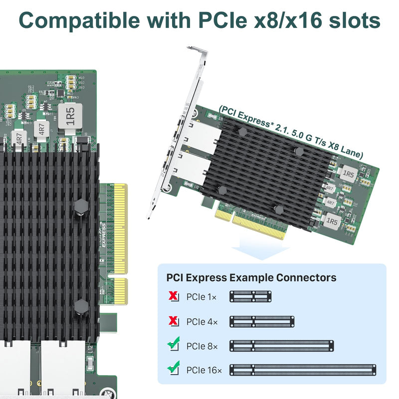 ipolex 10Gb Network Card Intel X540-T2 PCIE NIC Ethernet Card, Dual RJ45 Port, Intel X540-BT2 Controller, 10G Converged Network LAN Adapter, Support Windows/Linux/Vmware/ESX/Freebsd Server 2xRJ45 1pc